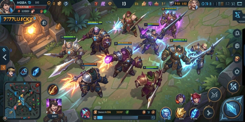 Screenshot gameplay intens di 777LUCKY menampilkan pertarungan tim yang seru.
