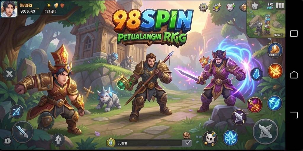 Tampilan gameplay mendebarkan dari 98SPIN, dunia RPG yang penuh warna.