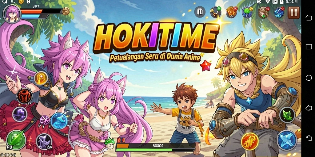 Tampilan gameplay HOKITIME yang penuh warna dan karakter anime yang menarik.
