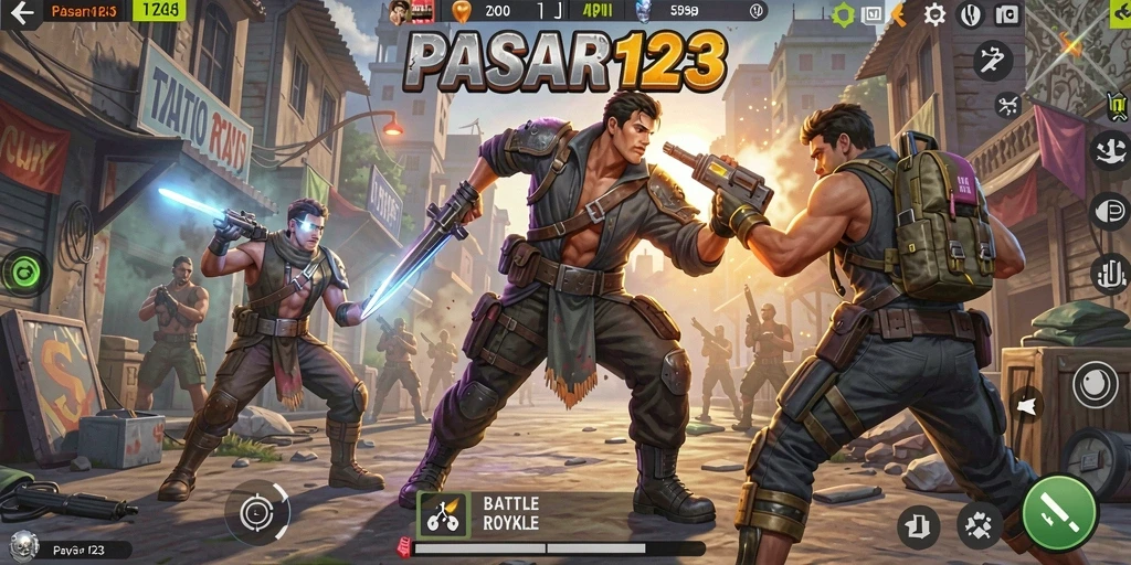 Screenshot utama PASAR123 menunjukkan aksi seru dalam pertarungan Battle Royale.
