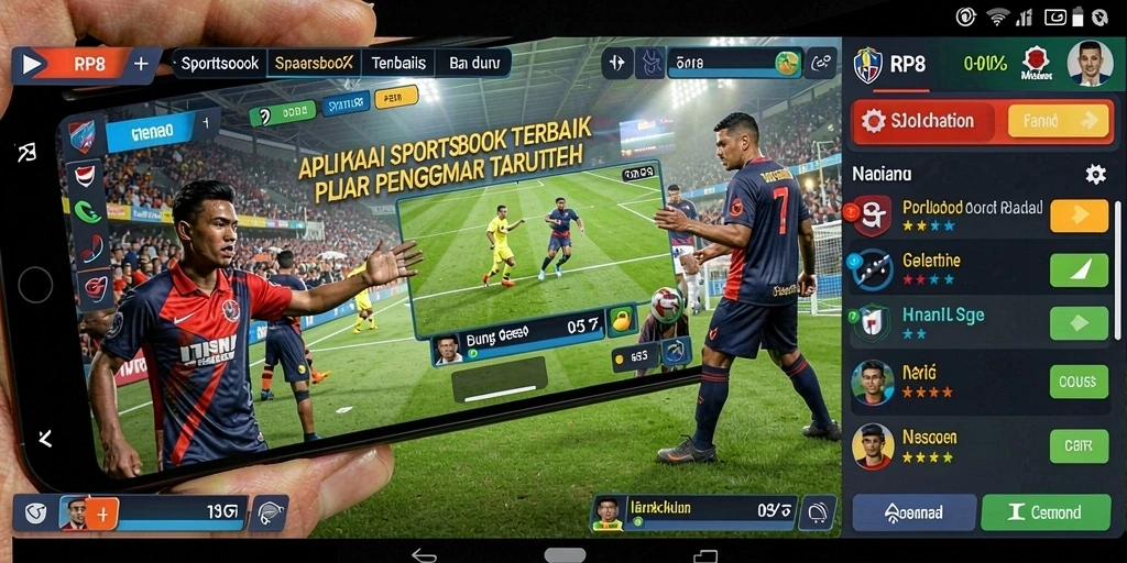 Tampilan utama aplikasi RP8 dengan fitur Sportsbook yang menarik.