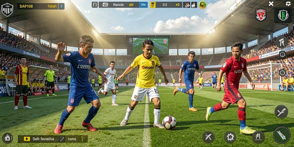 Screenshot gameplay SIAP108 menampilkan aksi seru di lapangan sepak bola.