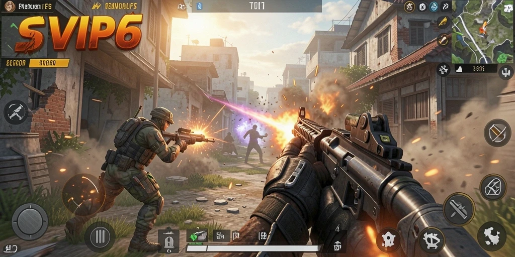 Screenshot SVIP6 memperlihatkan pertempuran mendebarkan dalam mode FPS.