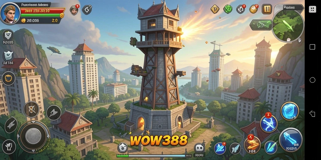 Tangkapan layar menampilkan strategi pertahanan menara yang intens.