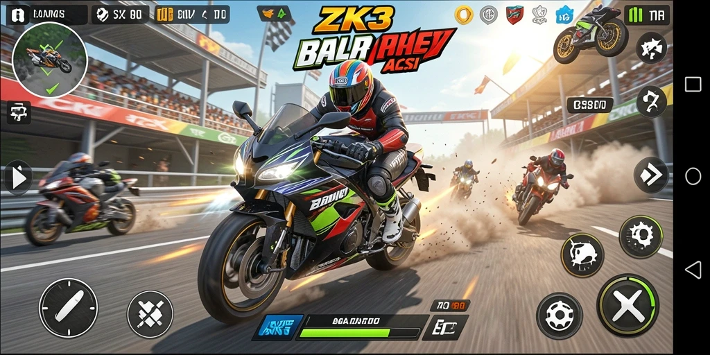 Gameplay ZK3 menampilkan balapan motor yang cepat dan intens.